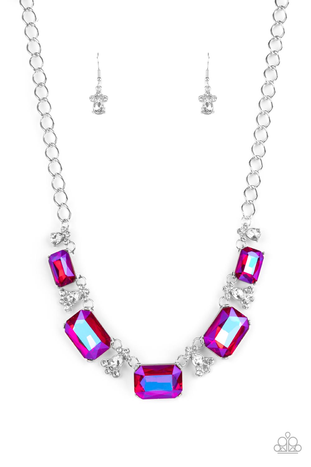 Paparazzi Accessories-Flawlessly Famous Pink Oversized Emerald-Cut Necklace Set
