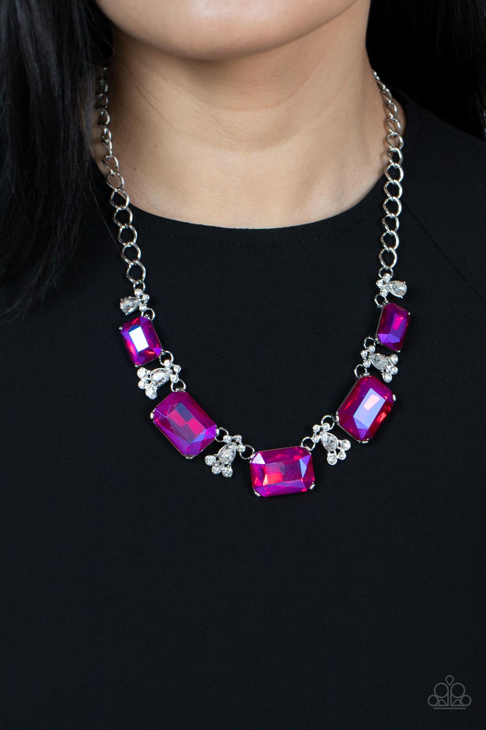 Paparazzi Accessories-Flawlessly Famous Pink Oversized Emerald-Cut Necklace Set