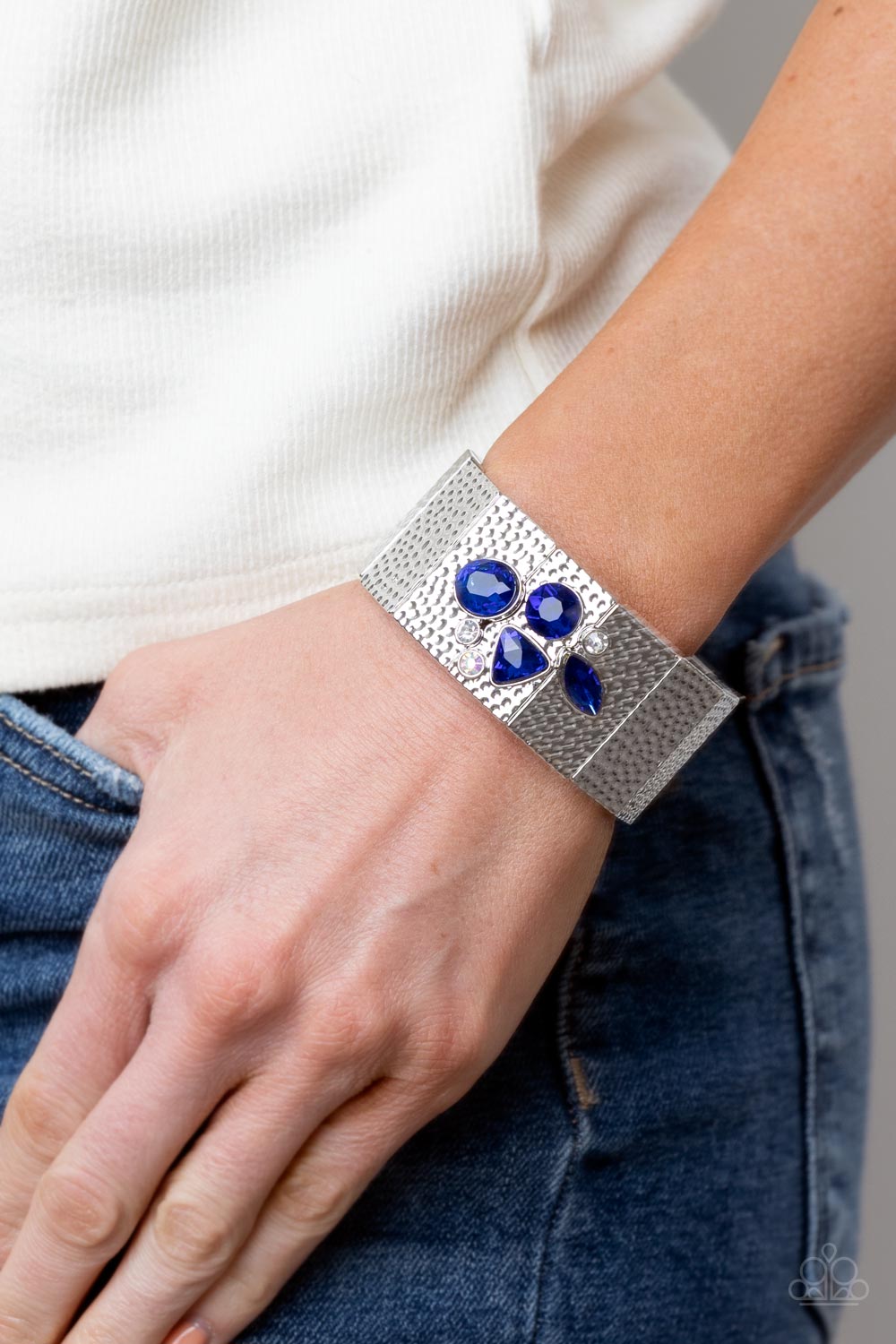 Paparazzi Accessories-Flickering Fortune Blue Rhinestone Silver Bracelet