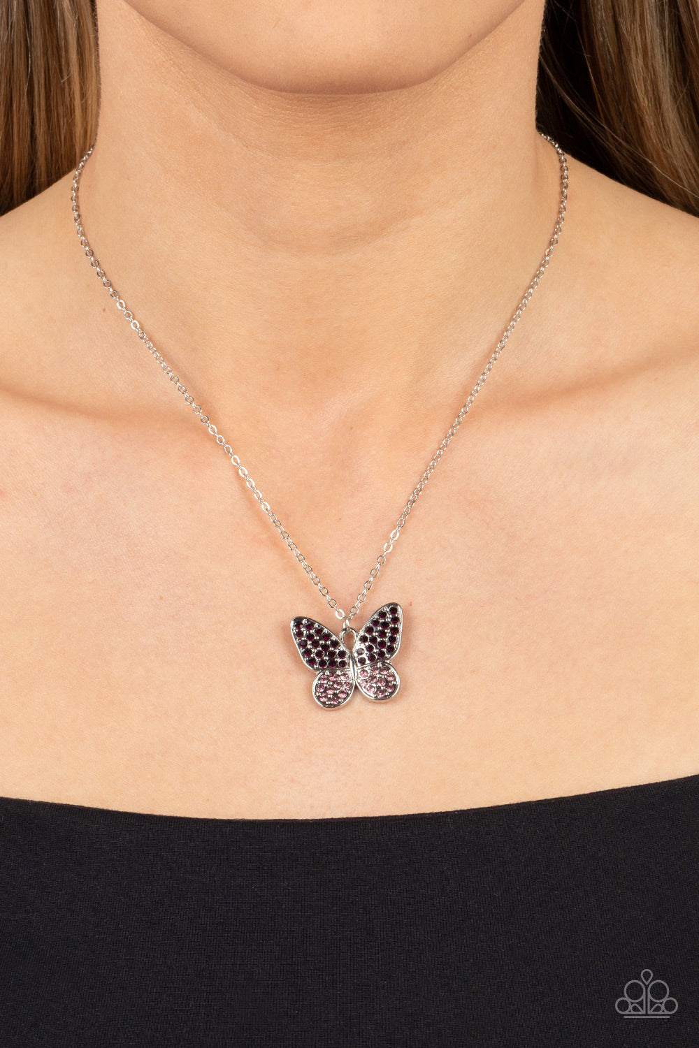 Paparazzi Accessories-Flutter Forte Purple Rhinestone Silver Butterfly Necklace Set