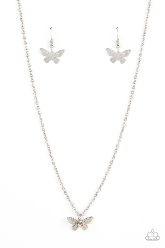 Paparazzi Accessories-Flutter Love Pink Iridescent Butterfly Necklace Set