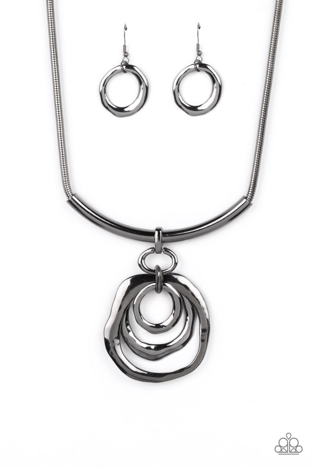 Paparazzi Accessories-Forged In Fabulous Black Warped Hoops Necklace Set