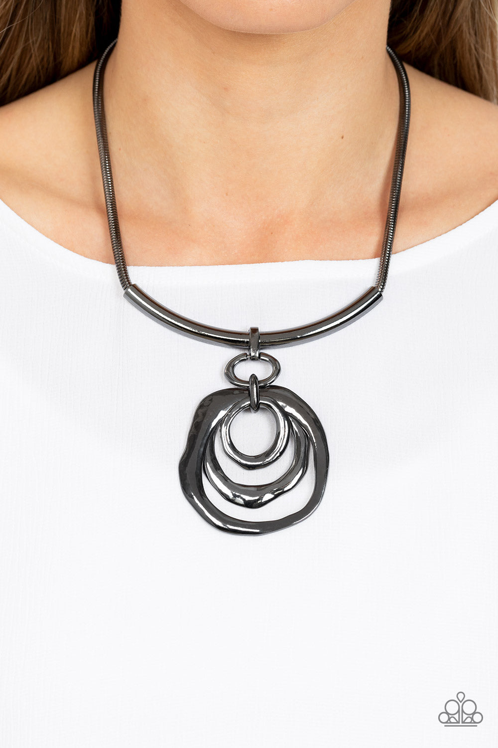 Paparazzi Accessories-Forged In Fabulous Black Warped Hoops Necklace Set