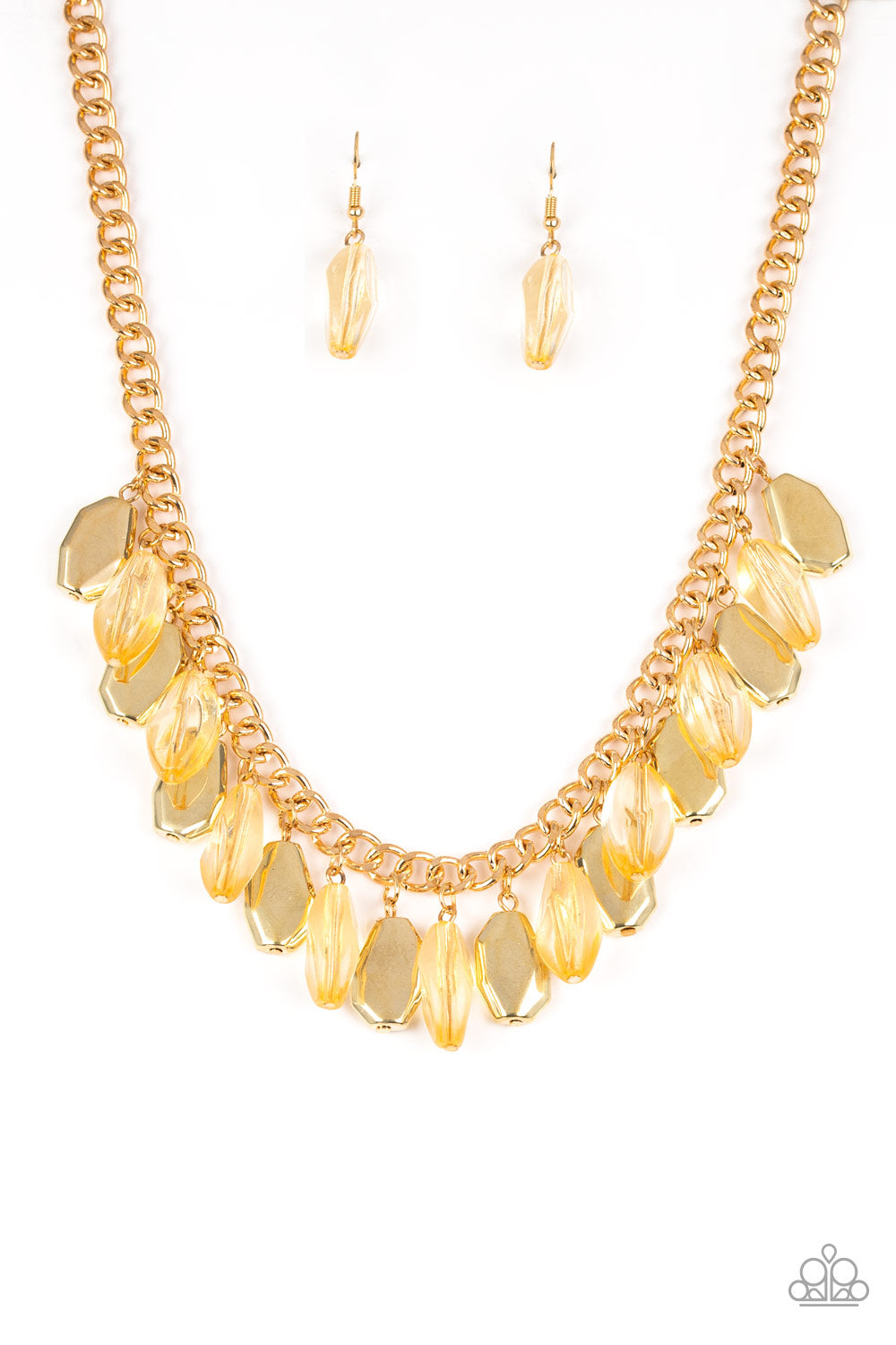 Paparazzi Accessories-Fringe Fabulous Gold Shimmery Necklace Set
