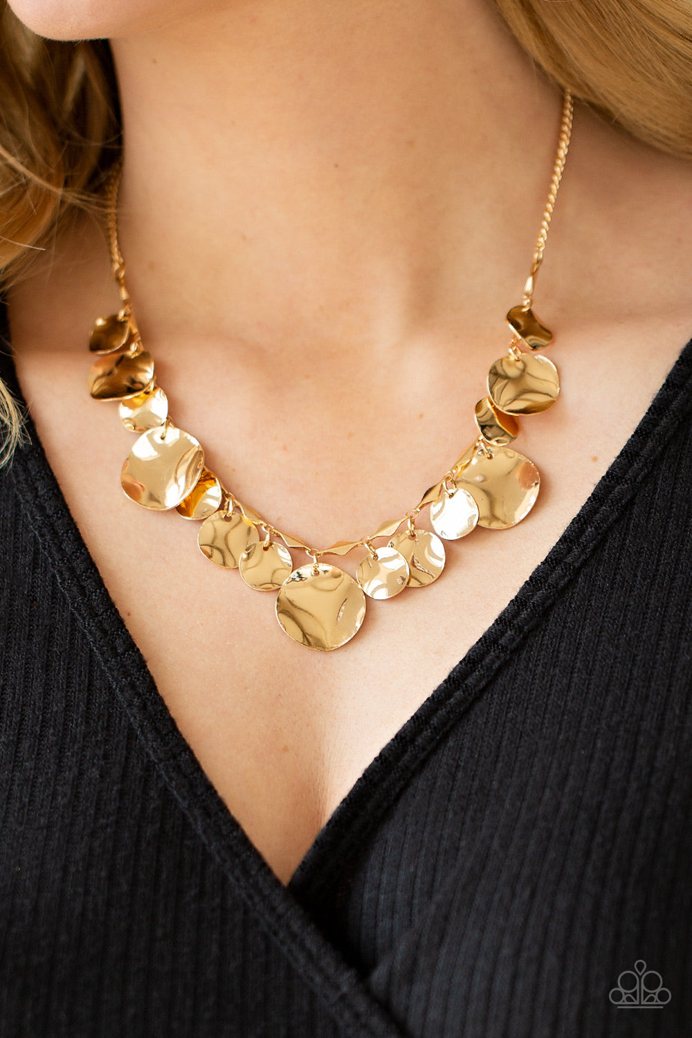 Paparazzi Accessories-GLISTEN Closely Gold Mismatched Hammered Necklace Set