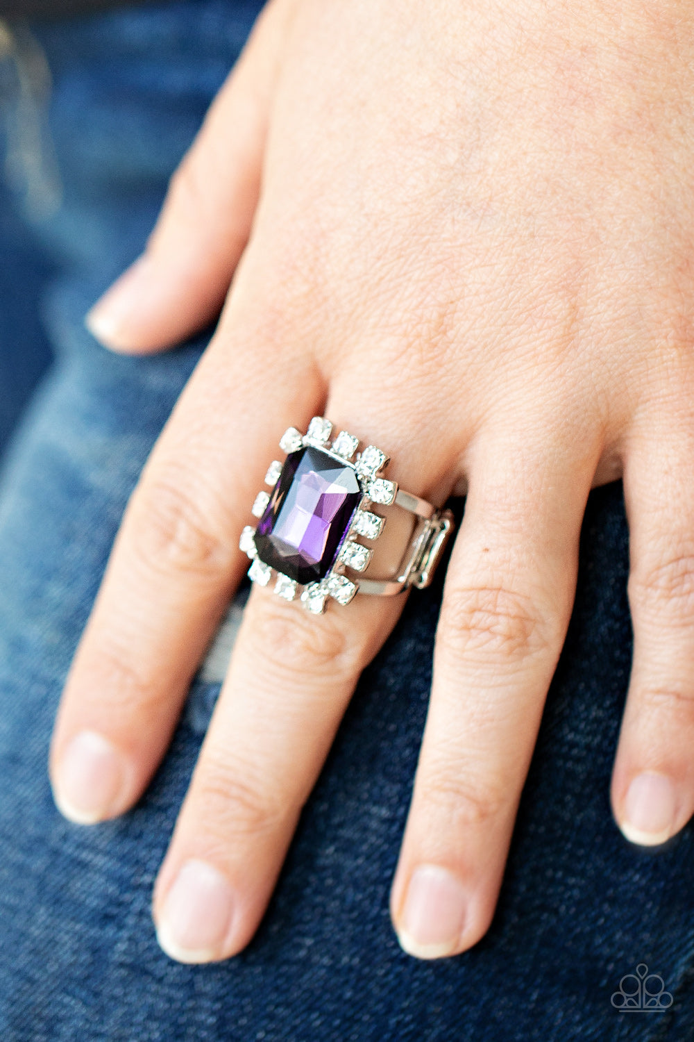 Paparazzi Accessories-Galactic Glamour Purple Glassy White Rhinestone Square Ring