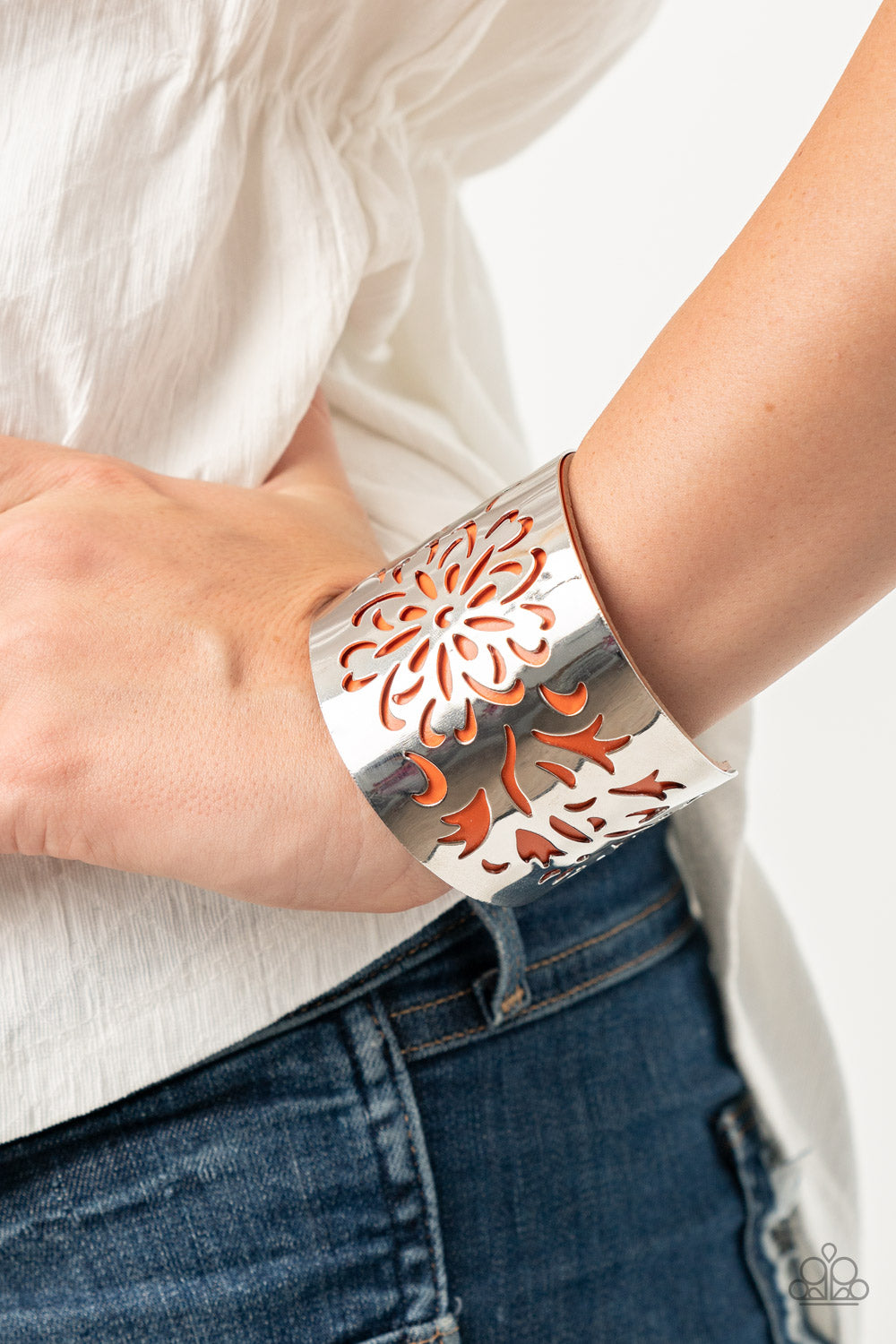 Paparazzi Accessories-Get Your Bloom On Orange Floral Cuff Bracelet