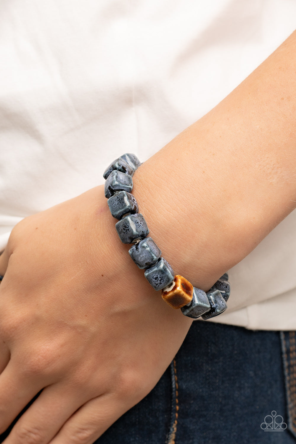 Paparazzi Accessories-Glaze Craze Blue Brown Ceramic Cube Bead Bracelet