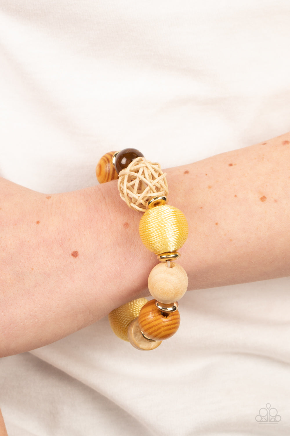 Paparazzi Accessories-Happily Homespun Yellow Rattan Wooden Bead Bracelet