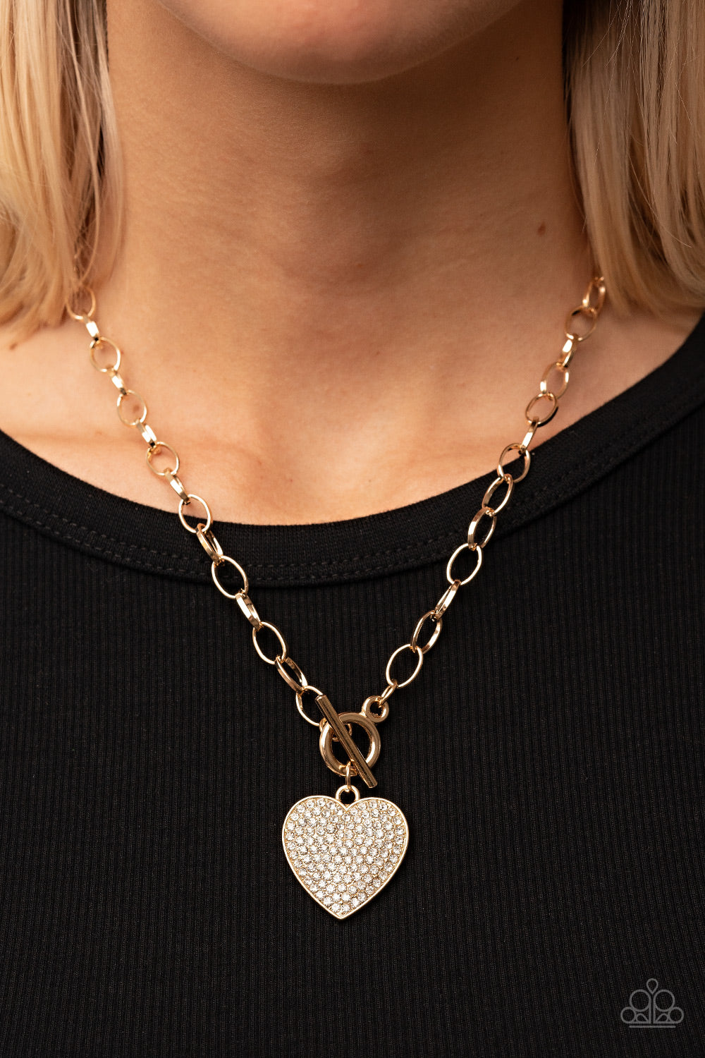 Paparazzi Accessories-If You LUST White Rhinestone Gold Toggle Heart Necklace Set