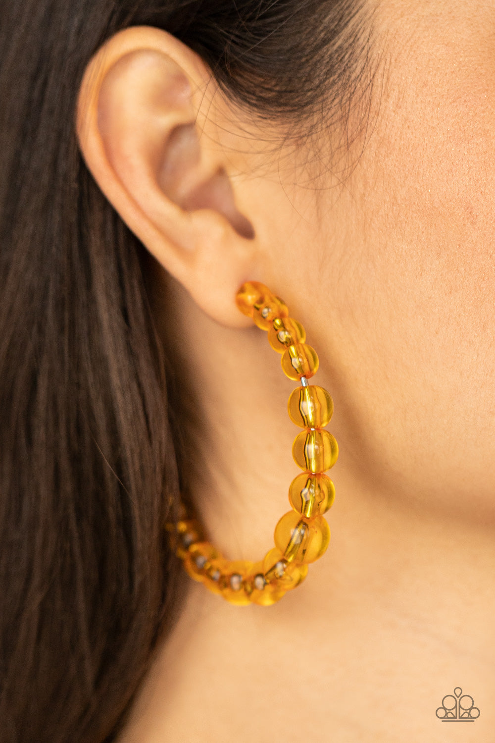 Paparazzi Accessories-In The Clear Glassy Marigold Bead Hoop Earrings