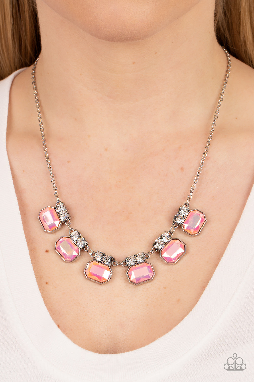 Paparazzi Accessories-Interstellar Inspiration Iridescent Pink Glitzy White Rhinestone Necklace Set