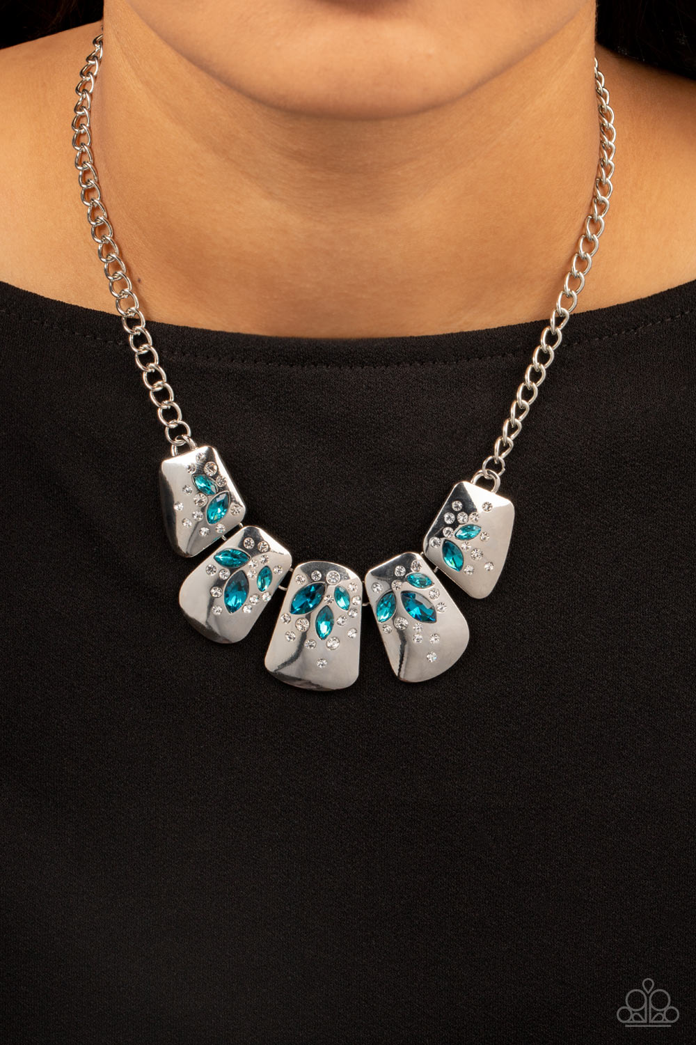 Paparazzi Accessories-Jubilee Jingle Curved White /Blue Glittery Rhinestone Necklace Set