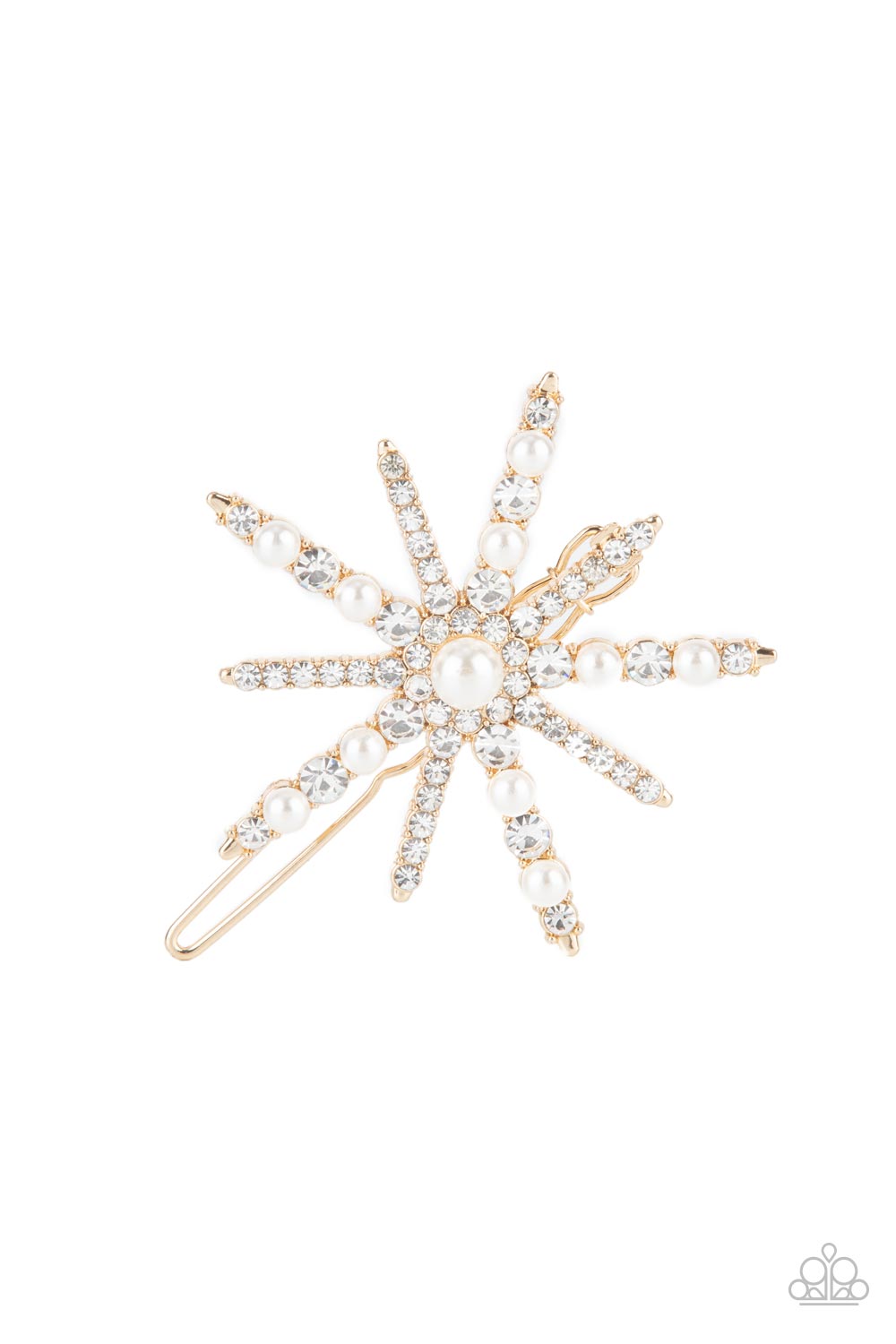 Paparazzi Accessories-Leading Luminary Gold White Rhinestone Pearl Drop Hair Clip