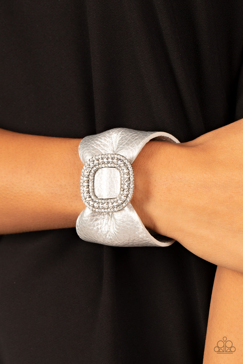 Paparazzi Accessories-Lights, SELFIE, Action Silver Pleather Buckle Bracelet