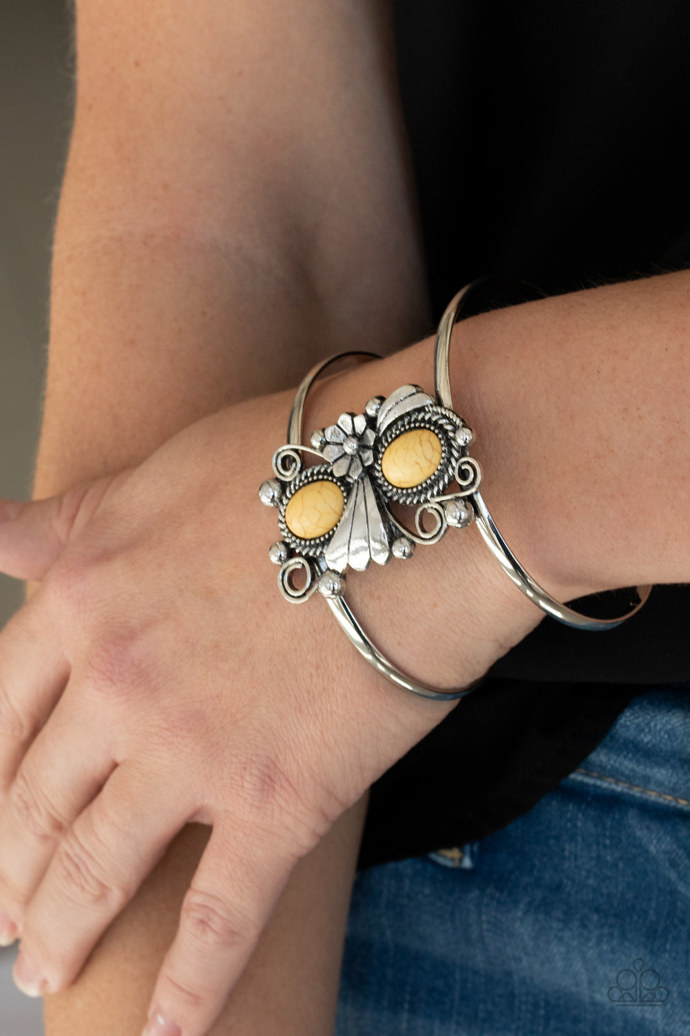 Paparazzi Accessories-Mojave Flower Girl Yellow Stone Cuff Bracelet