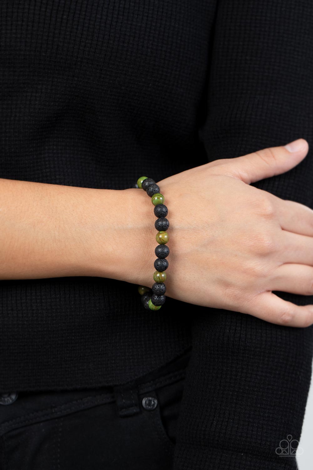 Paparazzi Accessories-Molten Mogul Green Black Lava Rock Men's Bracelet