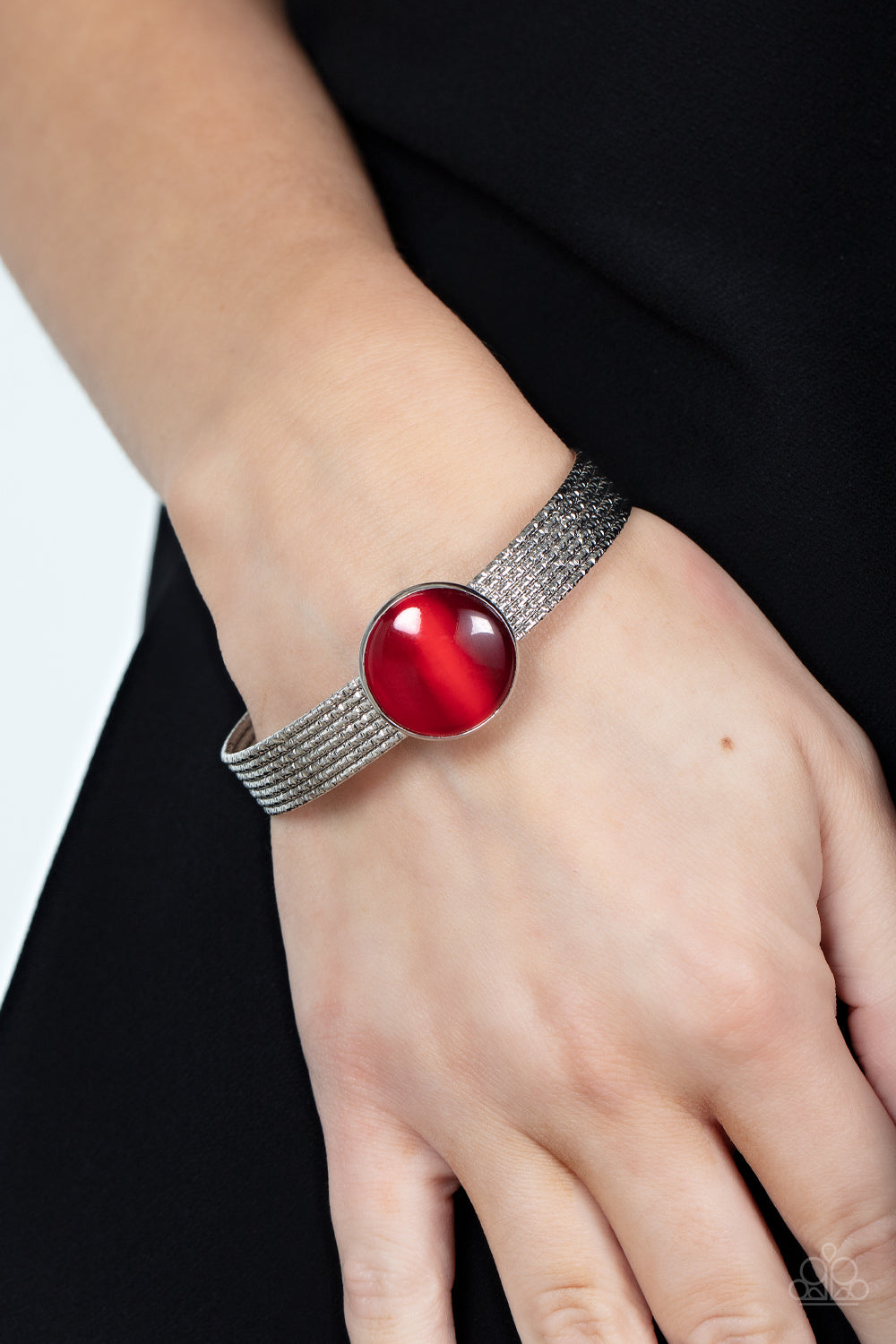 Paparazzi Accessories-Mystical Magic Red Cat's Eye Stone Silver Cuff Bracelet