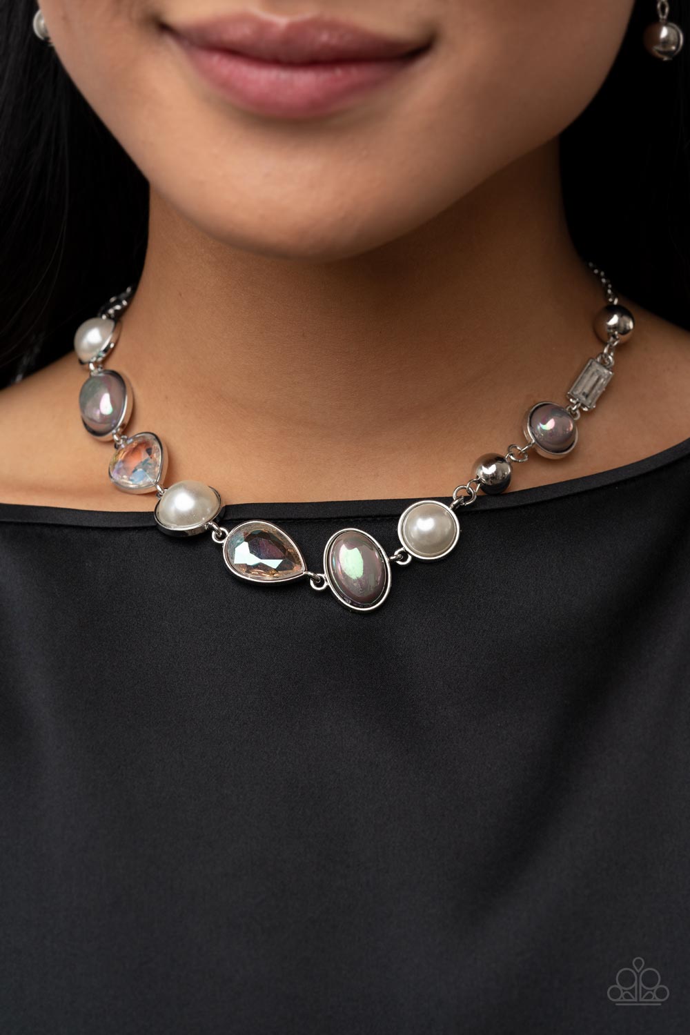 Paparazzi Accessories-Nautical Nirvana Silver Iridescent Pearly Teardrop Necklace Set