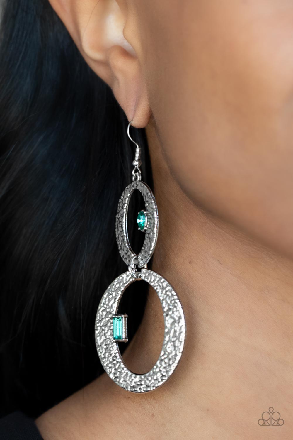 Paparazzi Accessories-OVAL and OVAL Again Glamorous Marquise Green Rhinestone Earrings