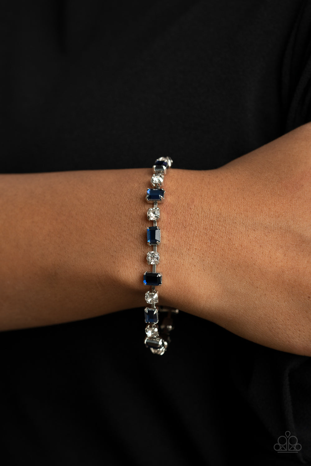 Paparazzi Accessories-Out In Full FIERCE Blue Emerald Cut Rhinestone Bracelet