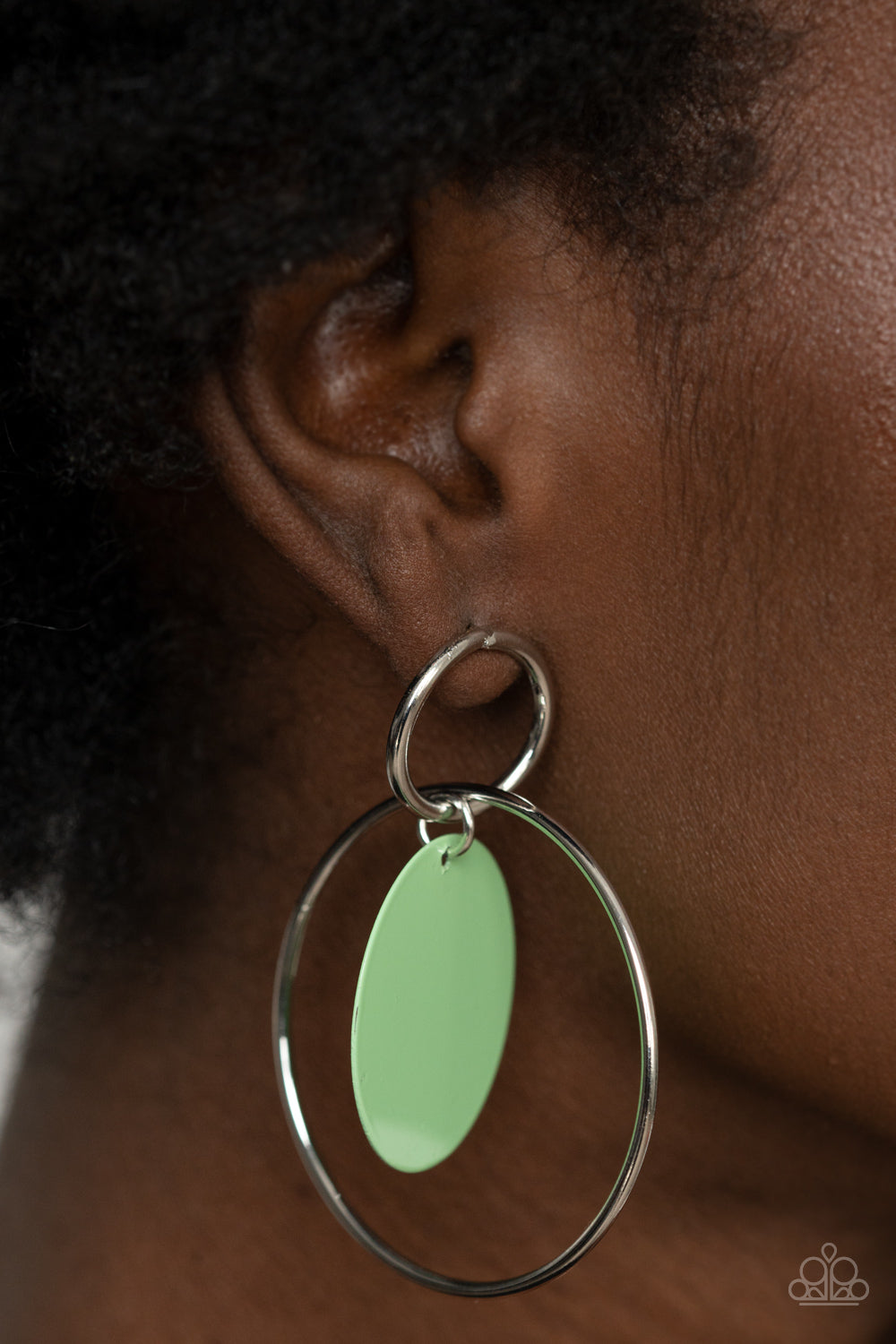 Paparazzi Accessories-POP, Look, and Listen Green Interlocking Silver hoop Earrings
