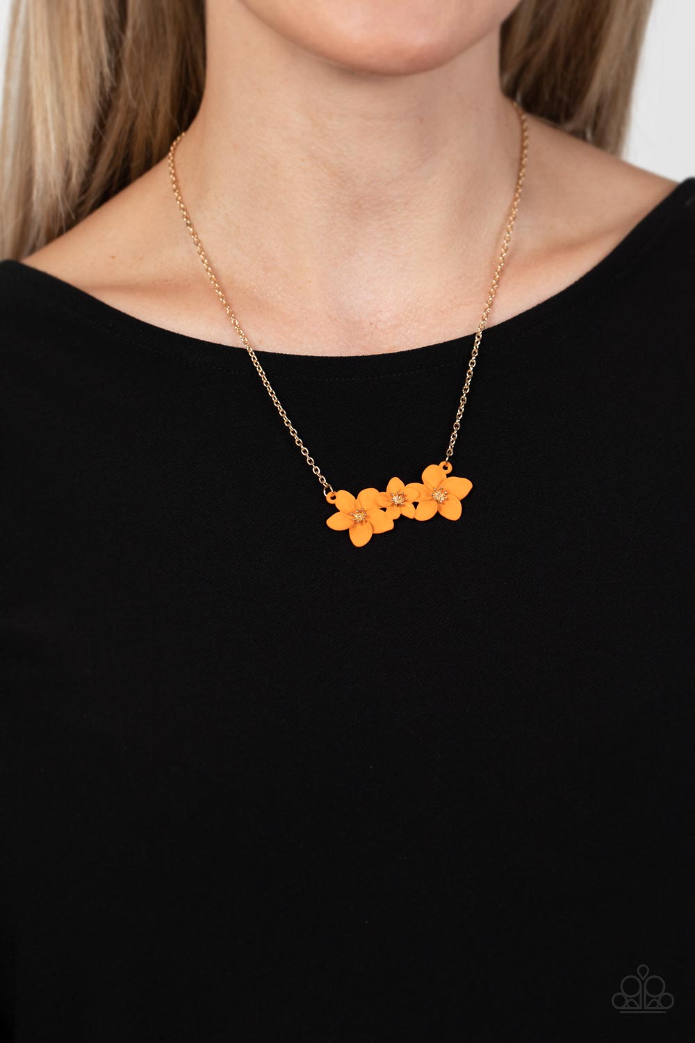 Paparazzi Accessories-Petunia Picnic Orange Dainty Trio Flower Necklace Set