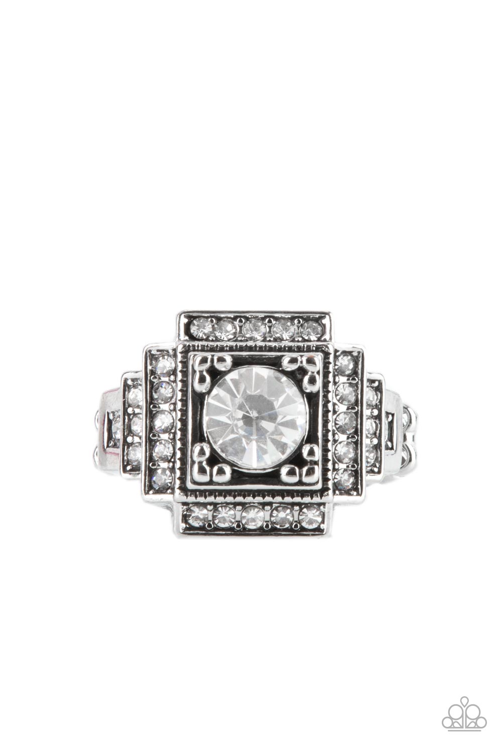 Paparazzi Accessories-Polished Pantheon White Rhinestone Rectangular Ring
