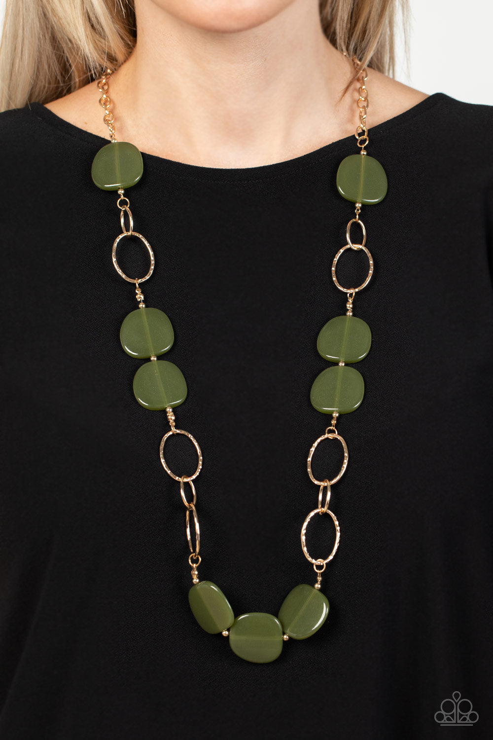 Paparazzi Accessories-Posh Promenade Green Oversized Gold Link Necklace Set
