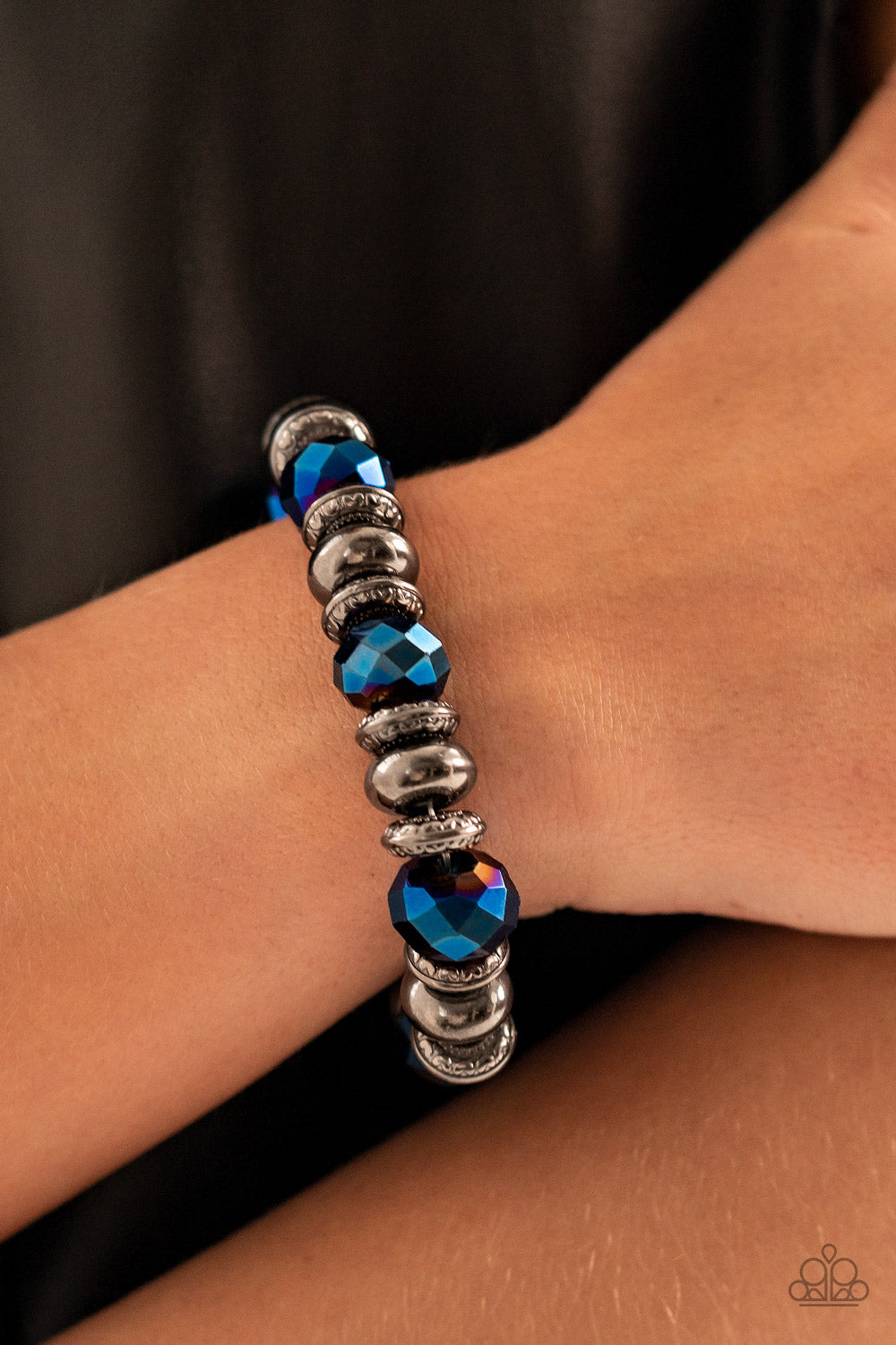 Paparazzi Accessories-Power Pose Blue Oversize Crystal Bead Gunmetal Bracelet