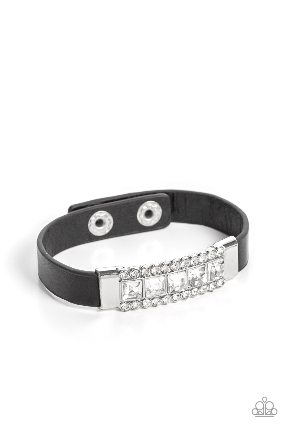 Paparazzi Accessories-Rebel Reputation Black Leather Glassy White Bracelet