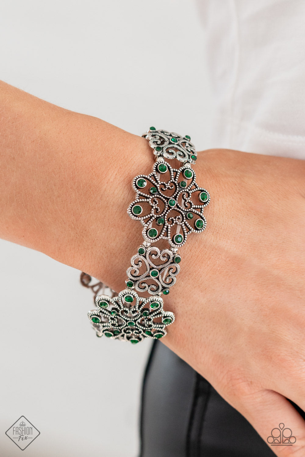 Paparazzi Accessories-Regal Recognition Green Emerald Rhinestone Bracelet