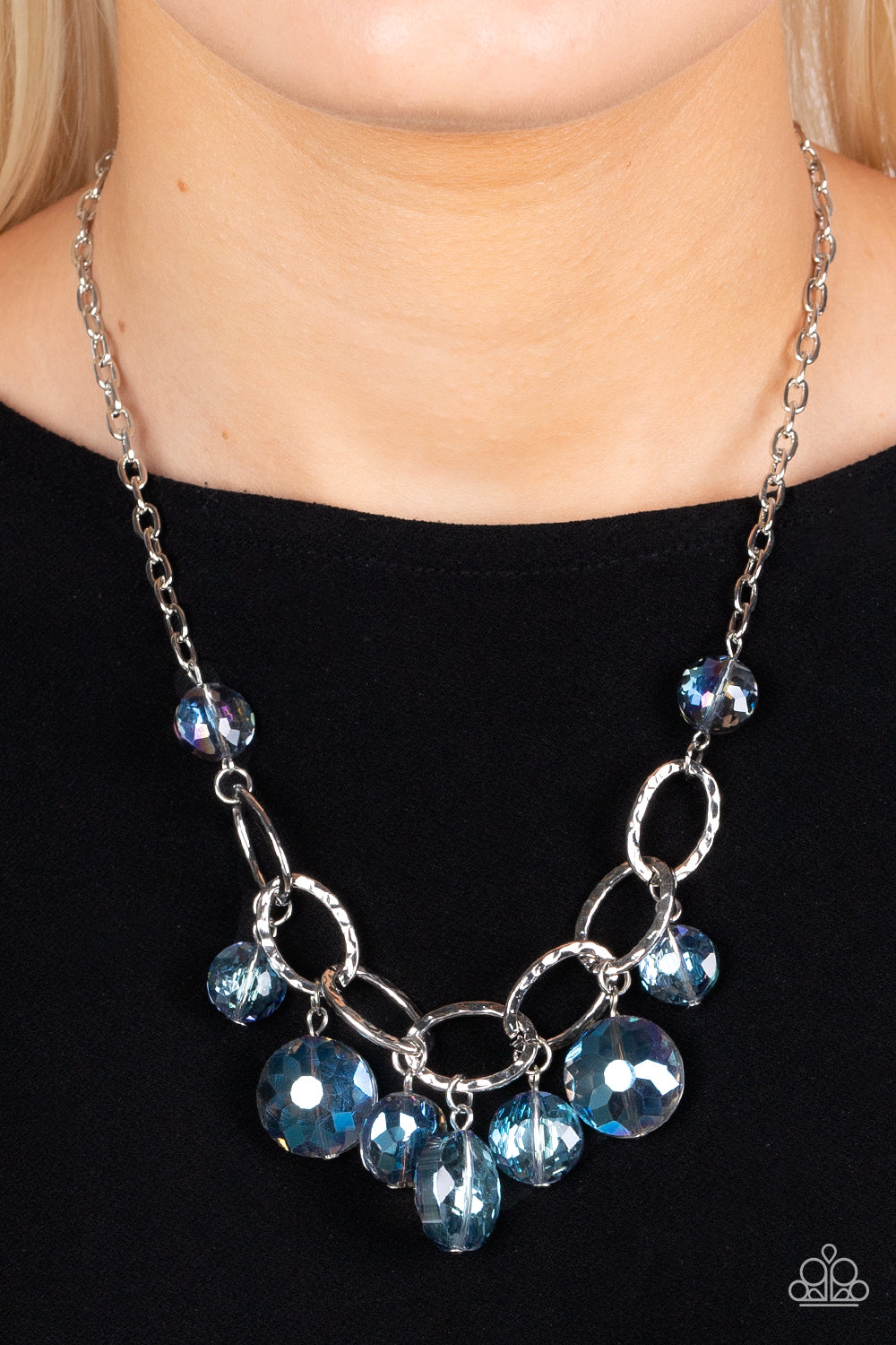 Paparazzi Accessories-Rhinestone River Blue Reflective Bead Necklace Set