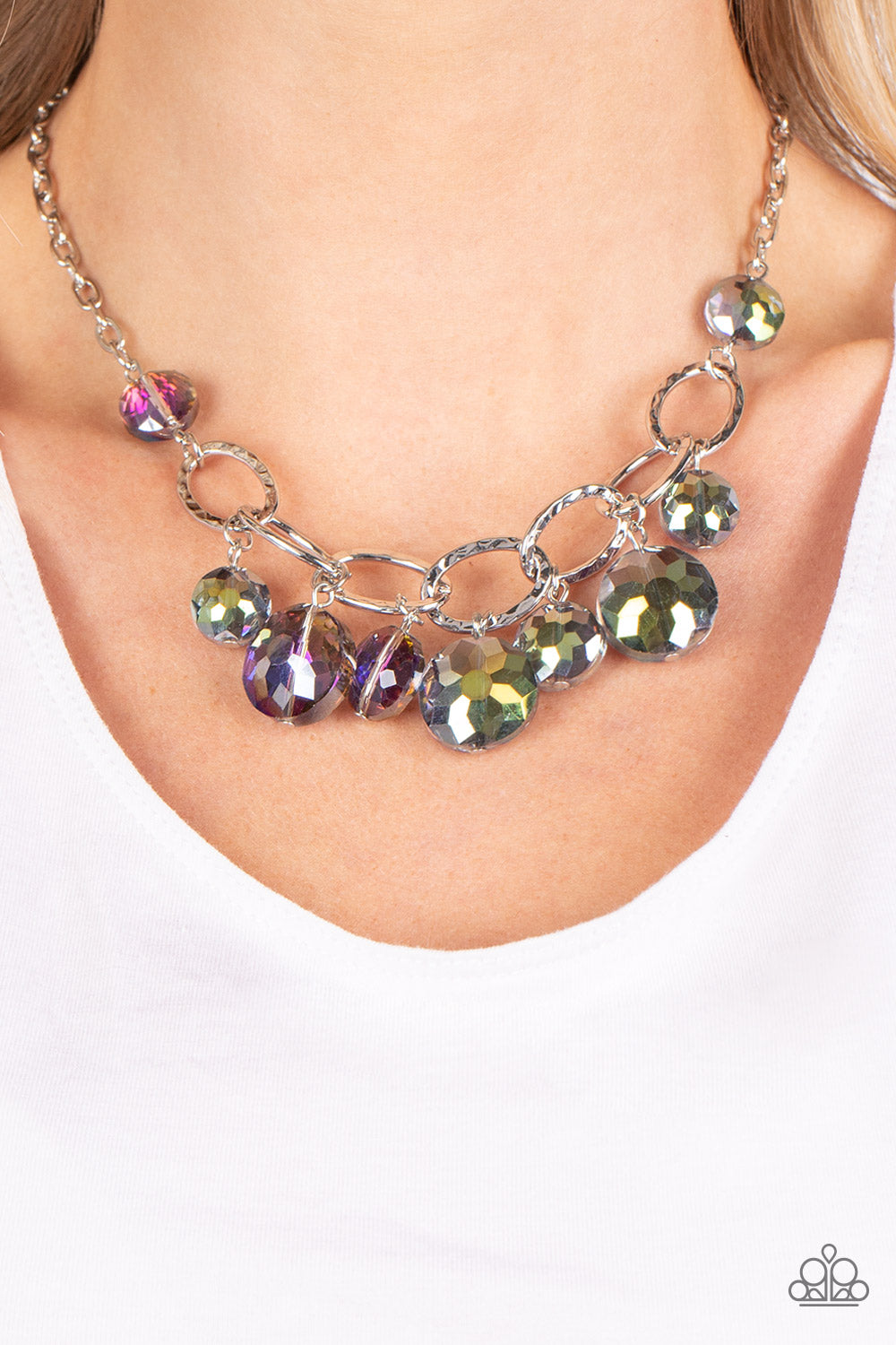 Paparazzi Accessories-Rhinestone River Purple Oil Spill Bead Necklace Set
