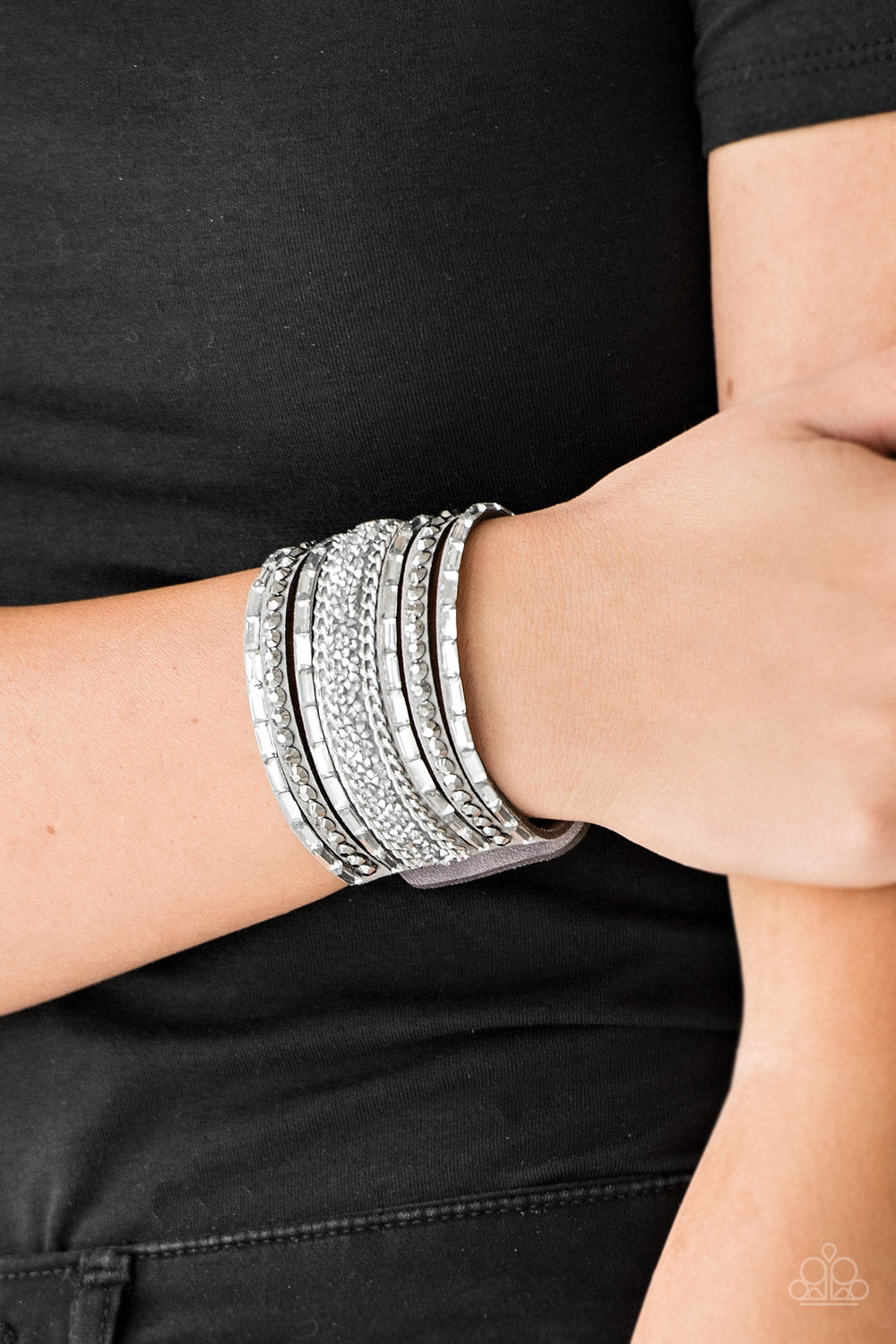 Paparazzi Accessories-Rhinestone Rumble Silver Hematite Wrap Bracelet