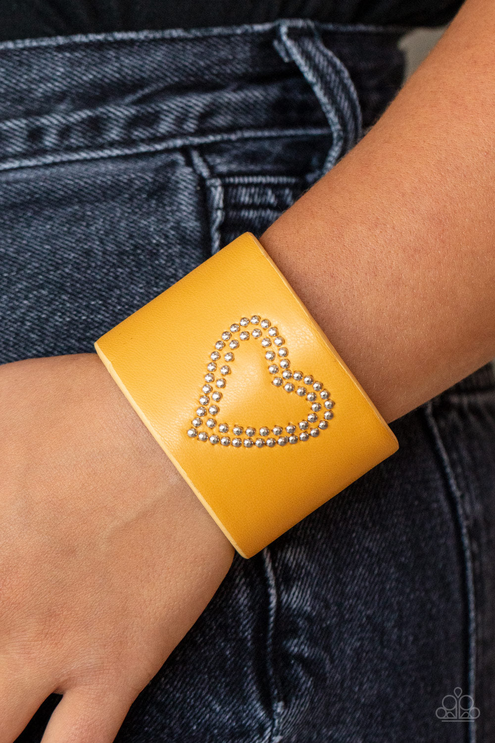 Paparazzi Accessories-Rodeo Romance Yellow Leather Heart Cuff Bracelet