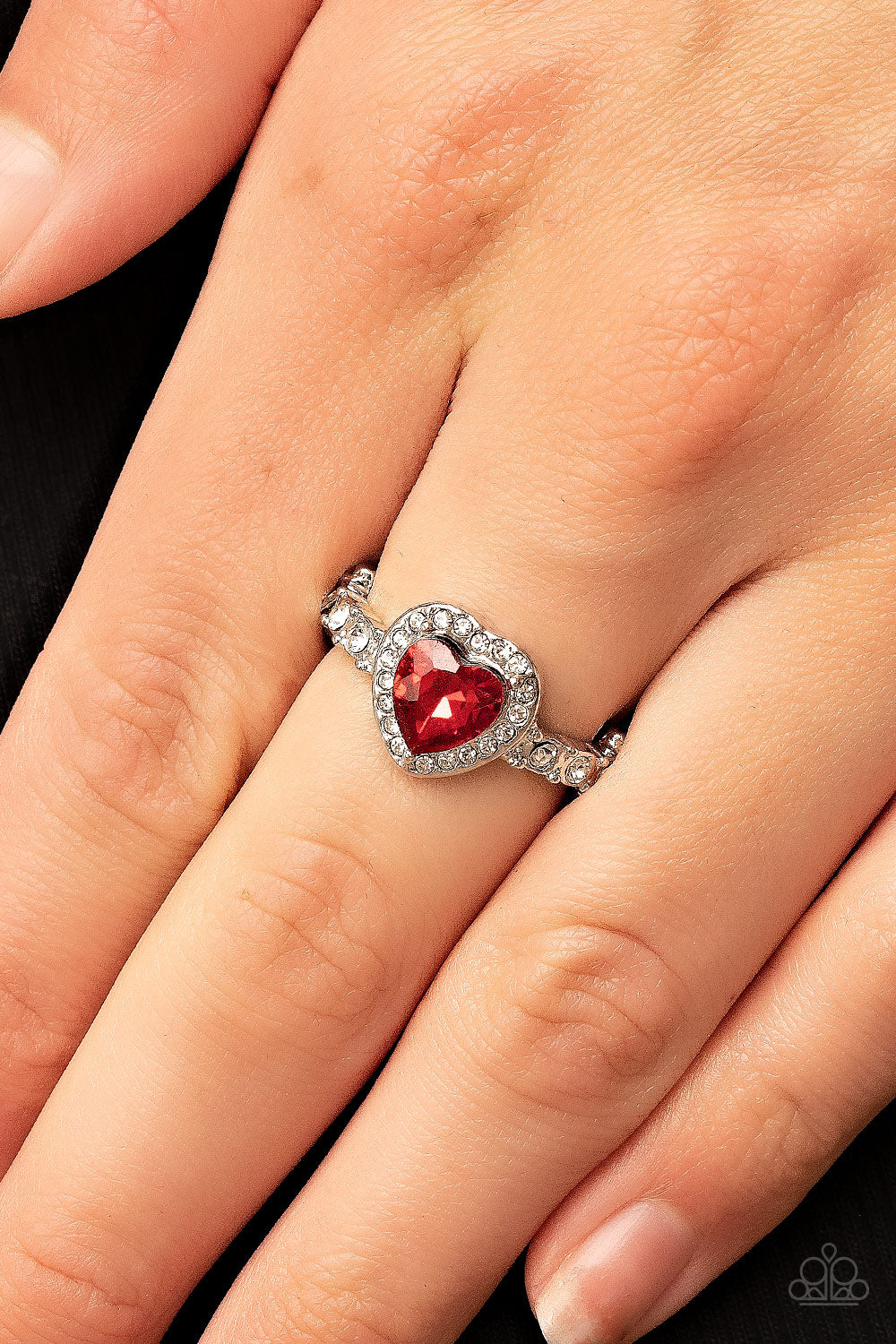 Paparazzi Accessories-Romantic Reputation Red Dainty White Rhinestone Heart Ring