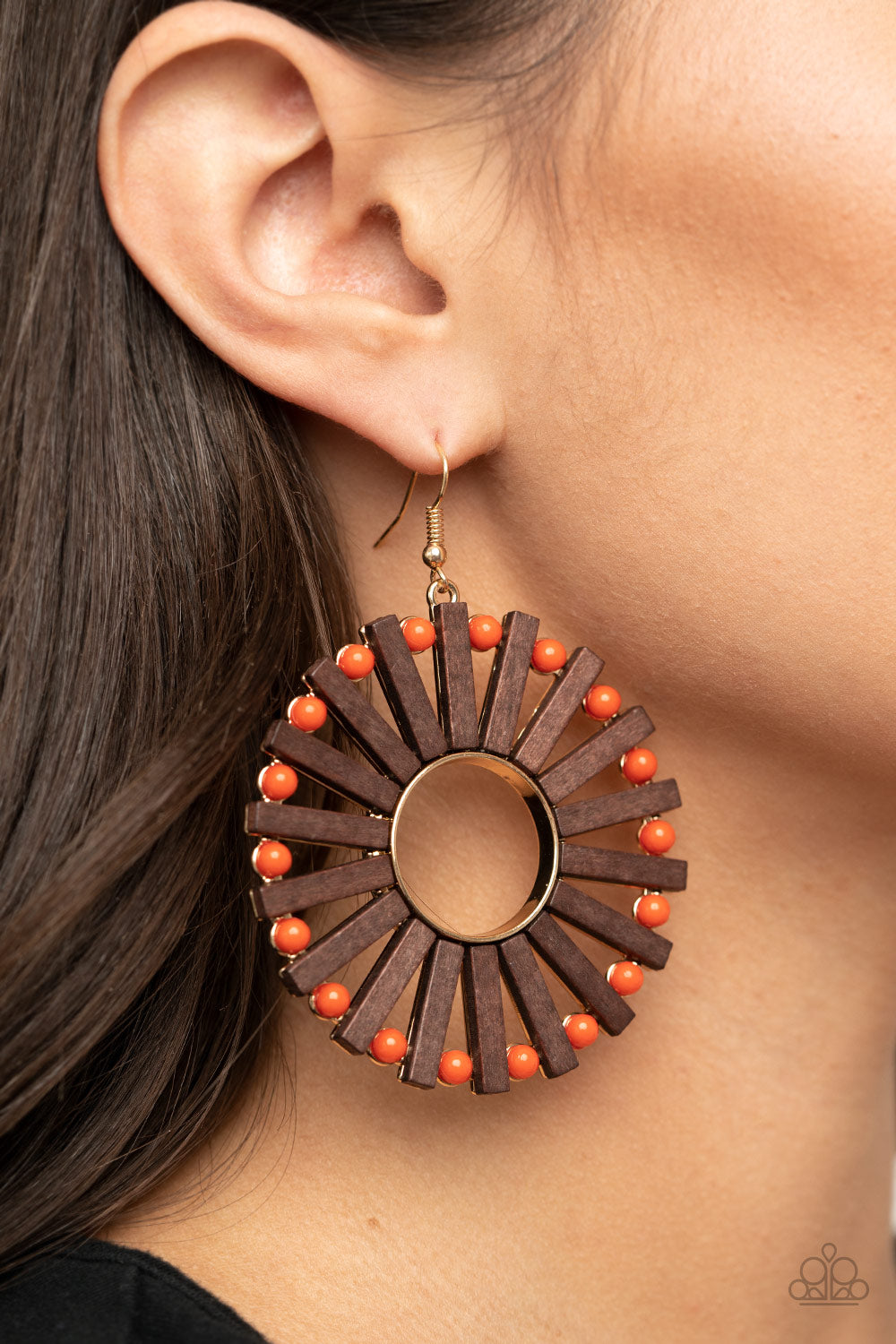 Paparazzi Accessories-Solar Flare Orange Wooden Earrings