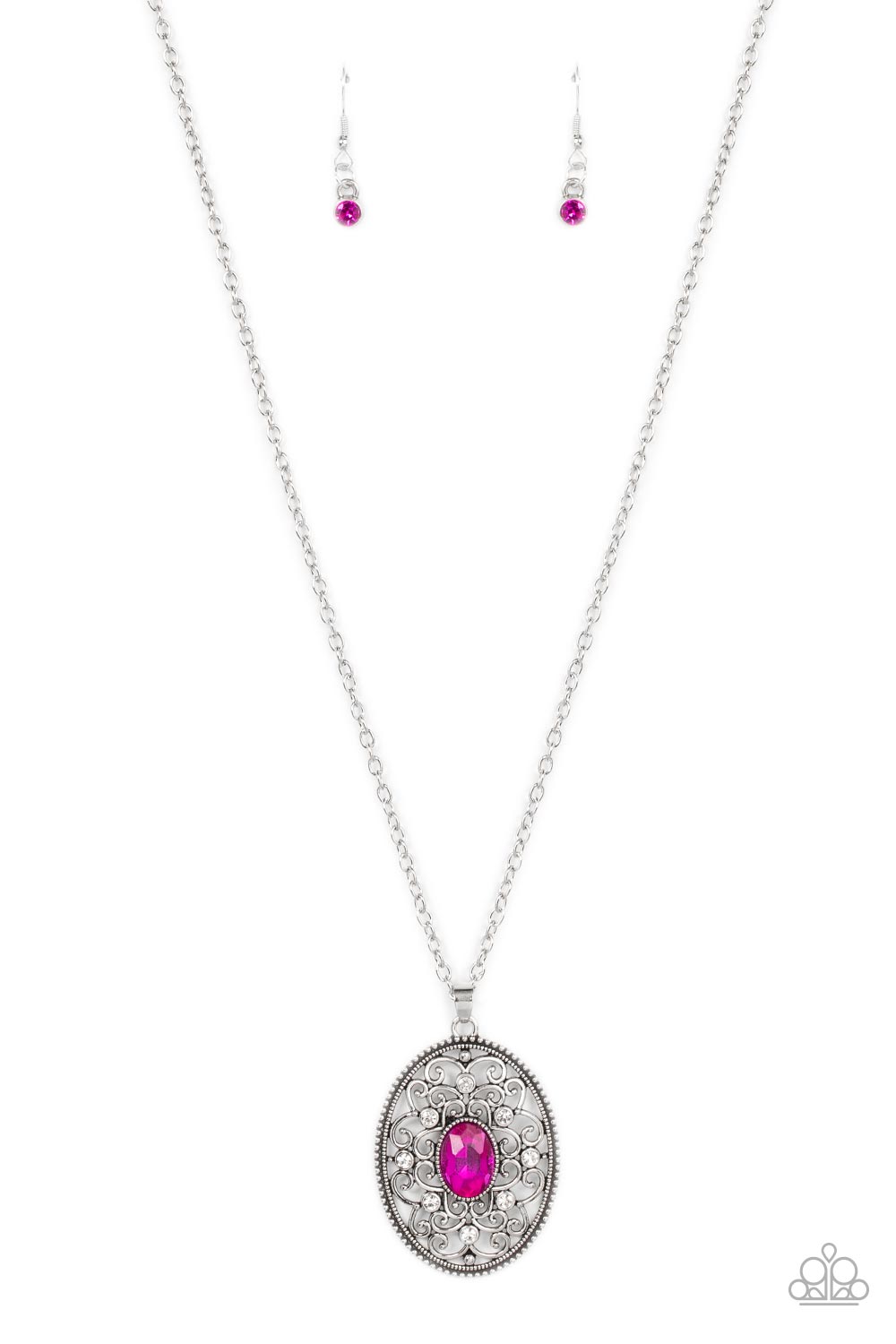 Paparazzi Accessories-Sonata Swing Pink Oval Filigree Necklace Set