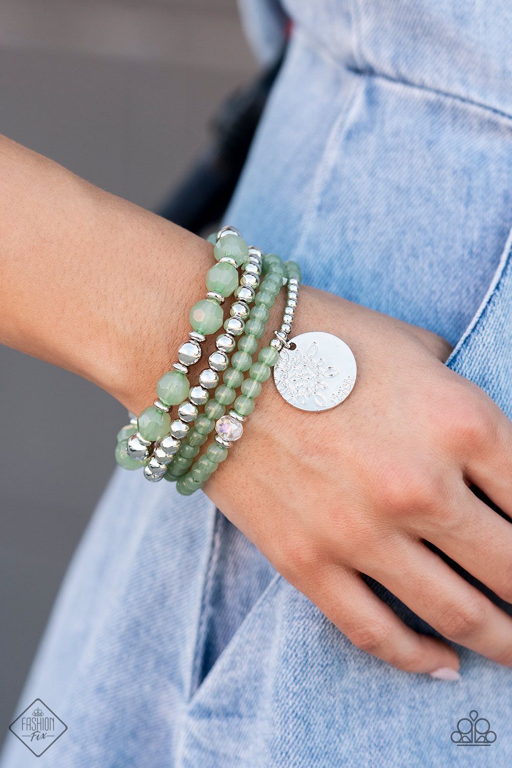 Paparazzi Accessories-Surfer Style Green Opaque Fashion Fix Faith Bracelet