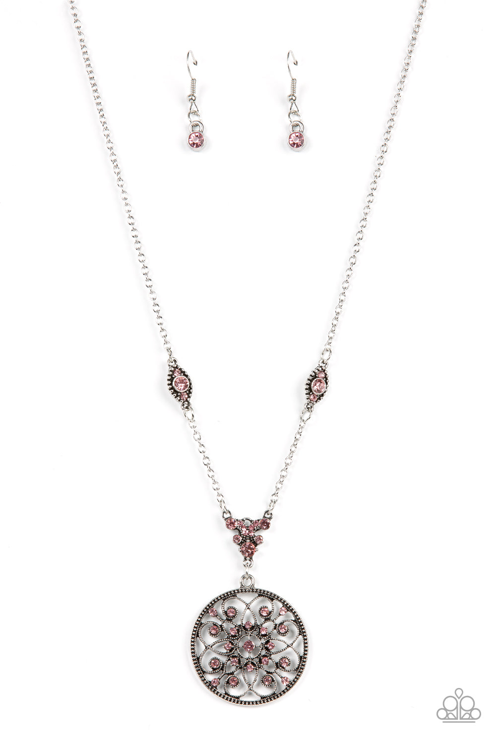 Paparazzi Accessories-TIMELESS Traveler Pink Glittery Rhinestone Floral Necklace Set