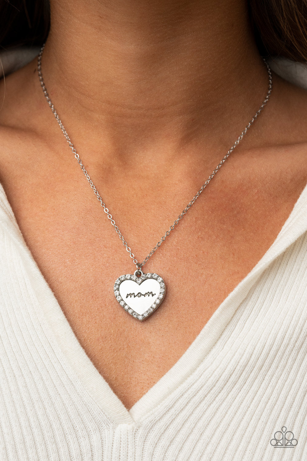 Paparazzi Accessories-The Real Boss White Rhinestone Silver "Mom" Heart Pendant Necklace Set