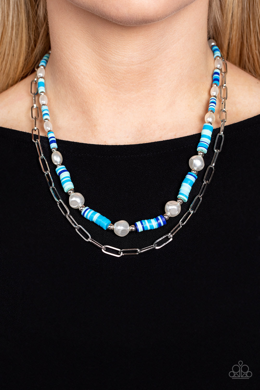 Paparazzi Accessories-Tidal Trendsetter Blue Disc Silver Bead Necklace Set