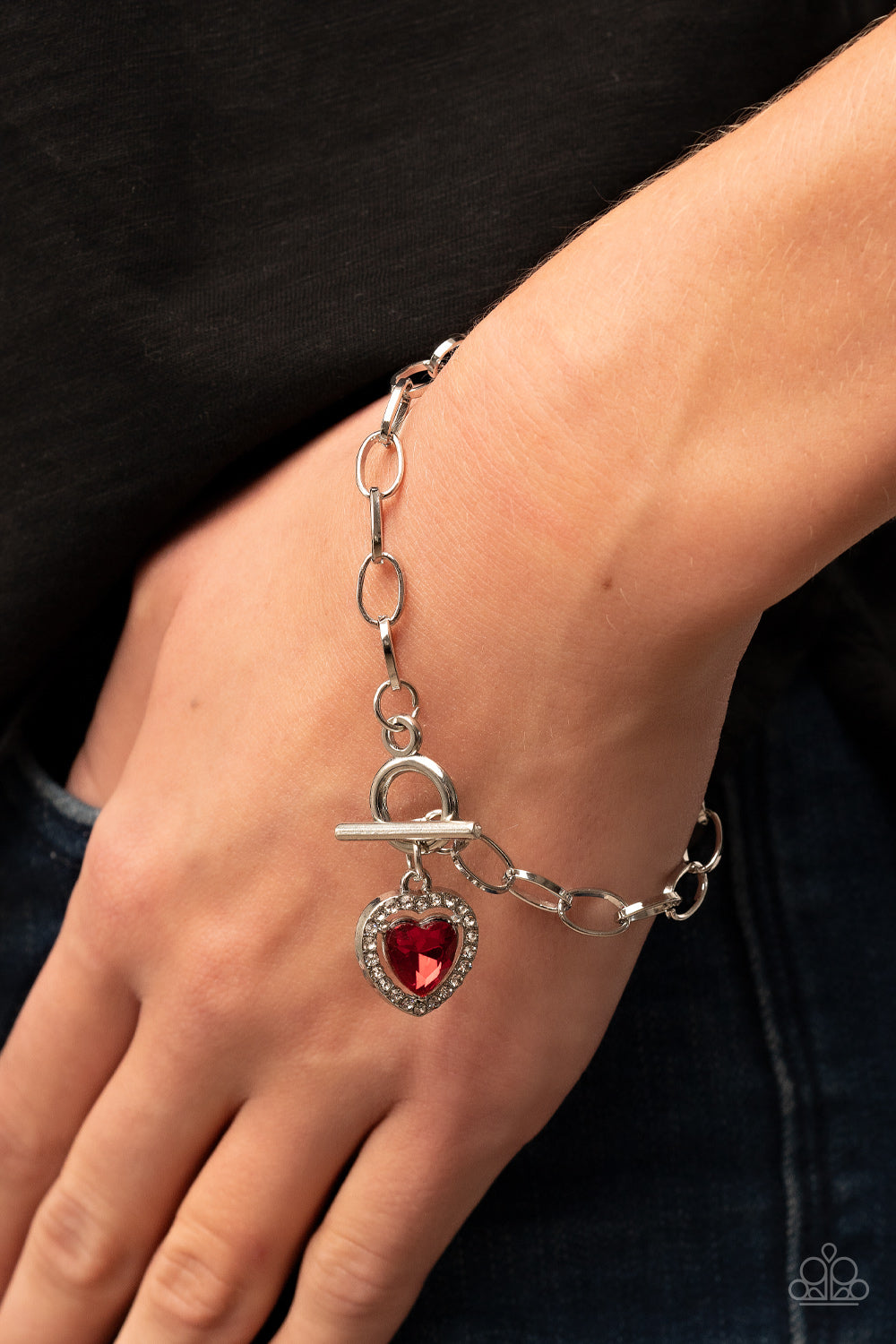 Paparazzi Accessories-Till DAZZLE Do Us Part Red Glassy Heart Rhinestone Bracelet