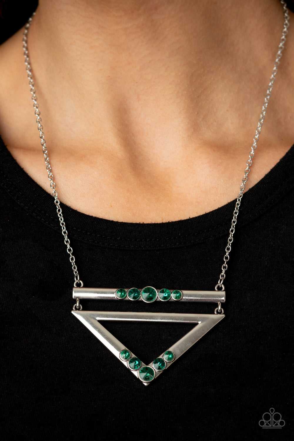 Paparazzi Accessories-Triangulated Twinkie Green Rhinestone Earrings