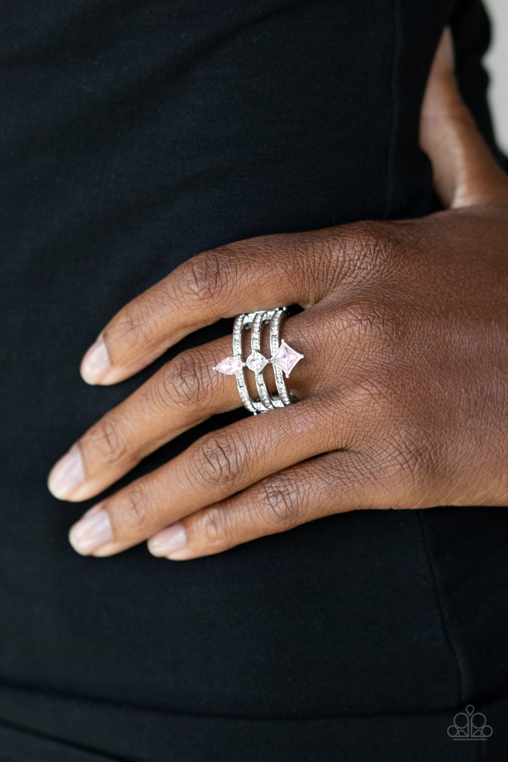 Paparazzi Accessories-Triple Throne Twinkle Pink Teardrop Ring