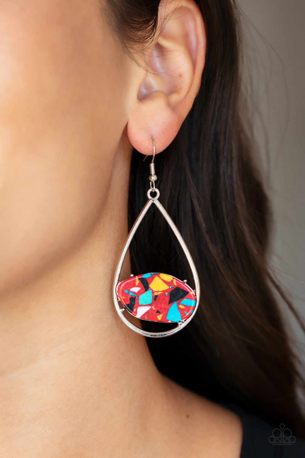 Paparazzi Accessories-Tropical Terrazzo Red Oval Stone Teardrop Earrings