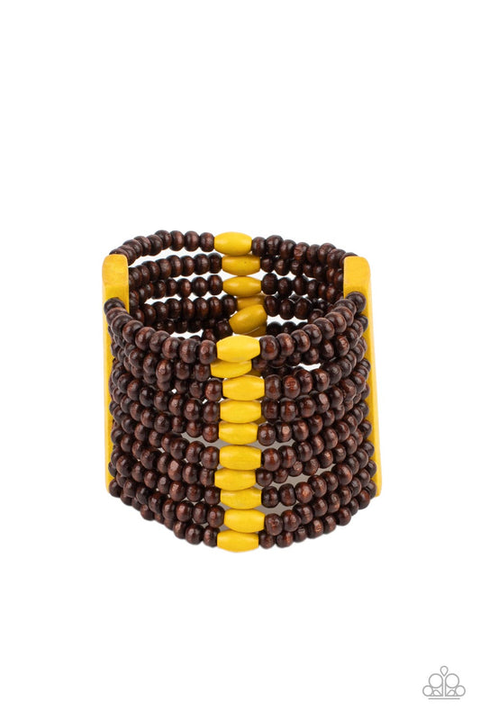 Paparazzi Accessories-Tropical Trendsetter Yellow Wooden illuminating Brown Bracelet