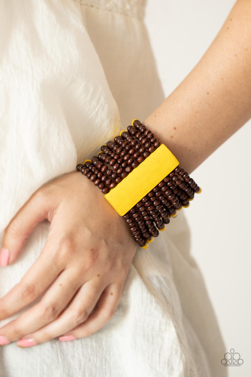 Paparazzi Accessories-Tropical Trendsetter Yellow Wooden illuminating Brown Bracelet