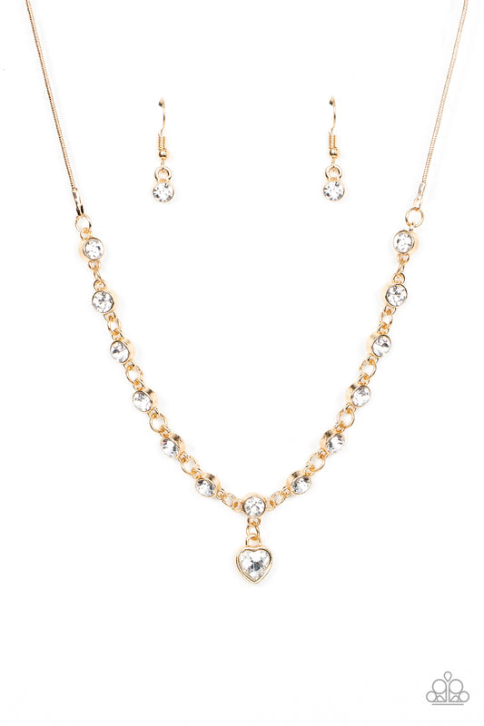 Paparazzi Accessories-True Love Trinket Gold/White Rhinestone Heart Necklace Set
